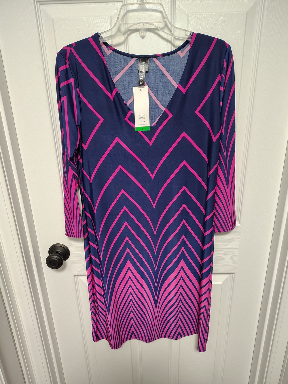 V-Neck Navy and Pink Geometric Midi Dress